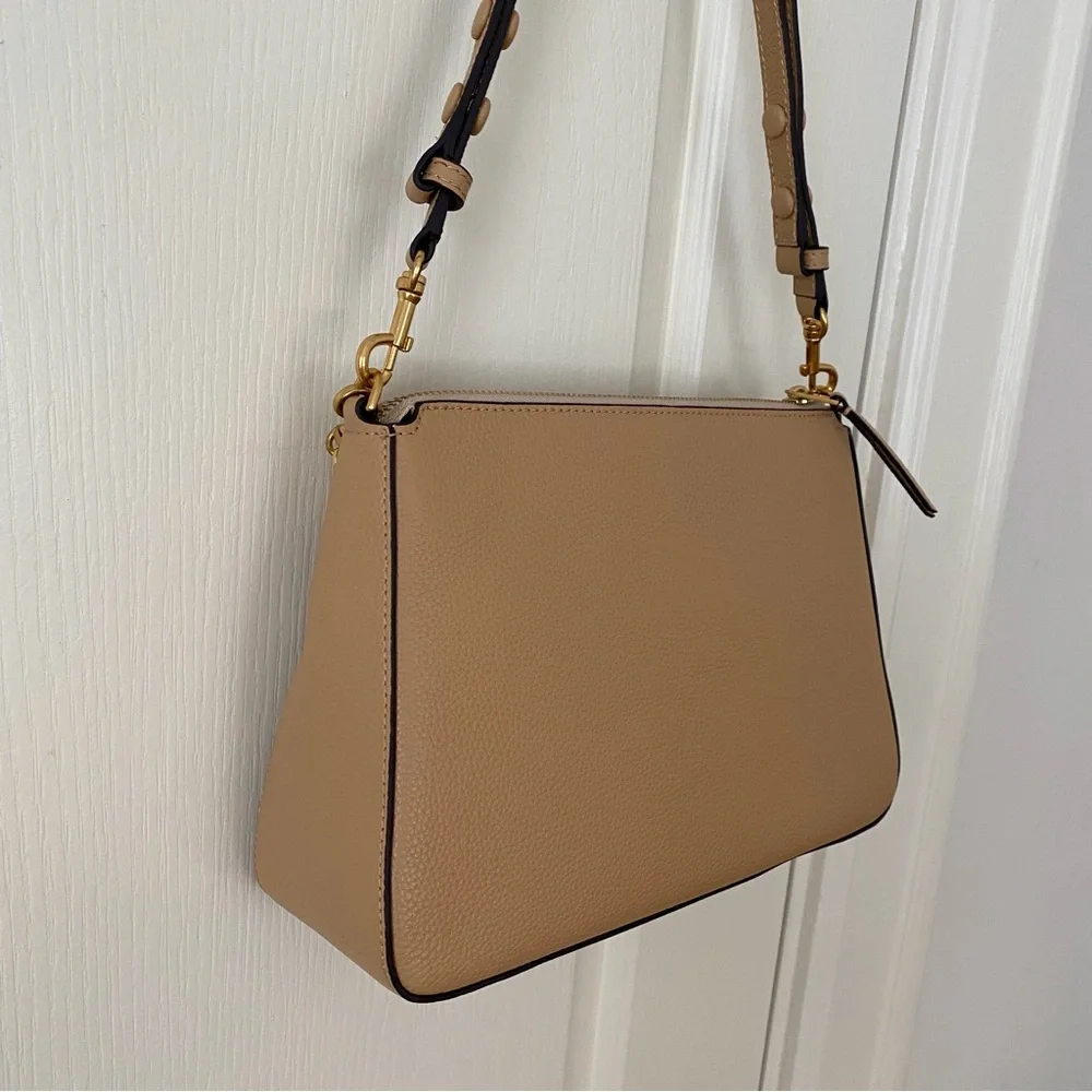 $400 NWT Tory Burch Perry Brown Tan Pebble Leather Gold Chain Strap Shoulder Bag